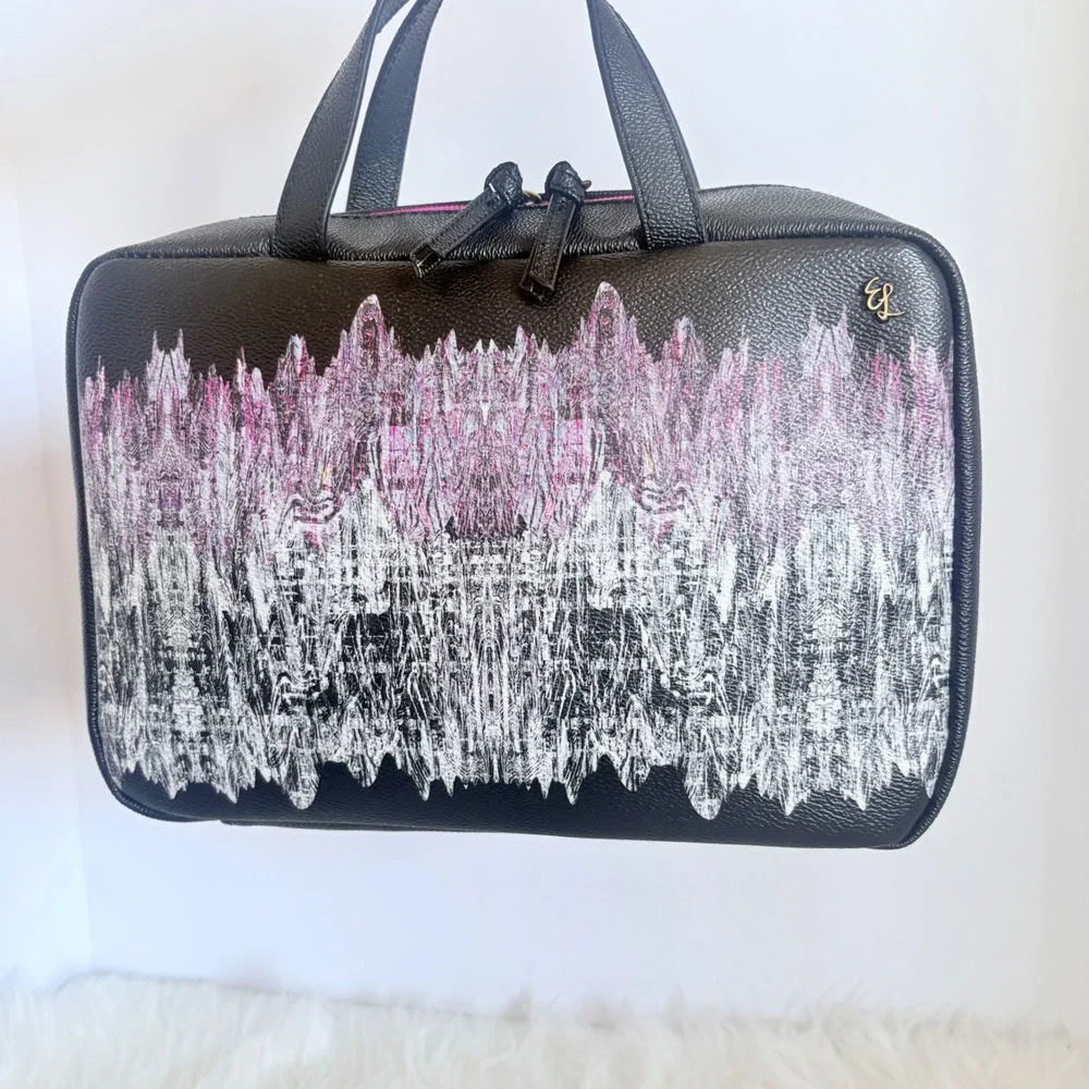 Elliott Lucca Black Pink Abstract Print Cosmetic Case Bag Double Handle Zip